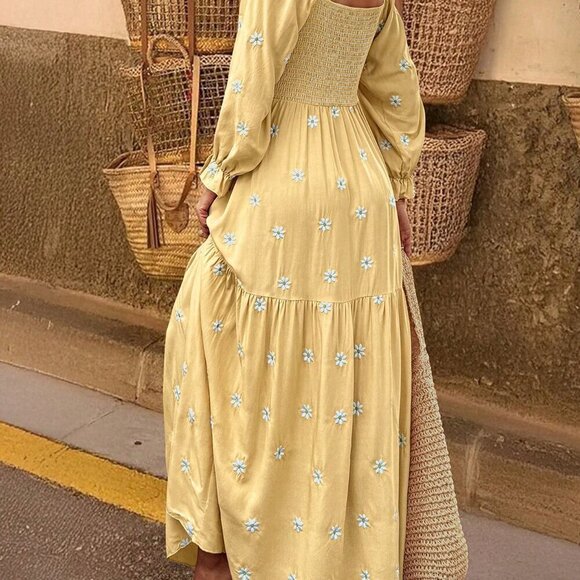 Yellow Boho Women's Long Sleeve Dress - Picture 4 of 6